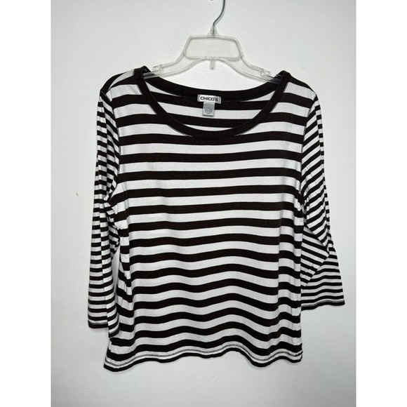 Chico's Brown White Stripes Pima Cotton Blend 3/4 Sleeves VTG Large - Picture 10 of 13